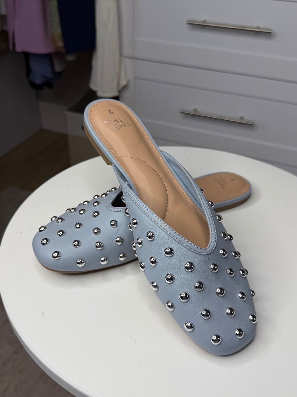 Time and Tru Light Blue Studded Slip-On Mules
